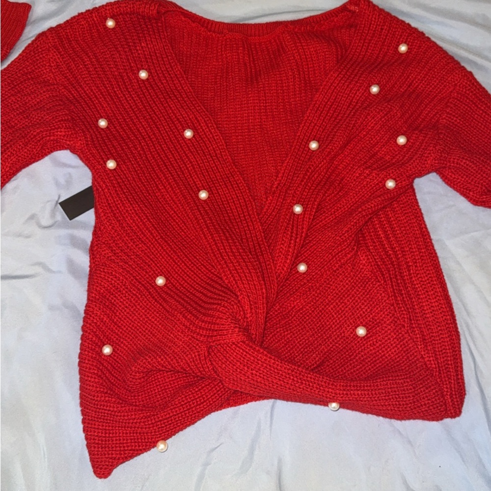 Chic Red V-Neck Sweater with Pearl Details